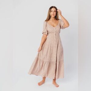 Ellington Button Down Midi dress with sweetheart neckline in beige floral